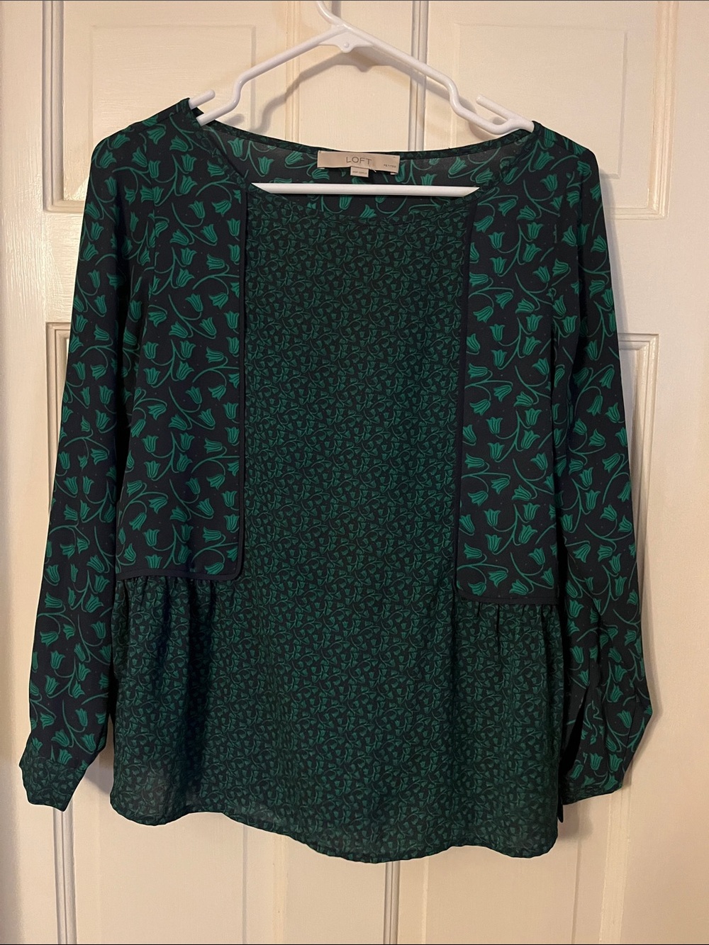 LOFT Teal and Navy Floral-Print Long Sleeve Blouse
